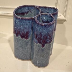 Bay Pottery Blue Purple Ceramic Drip Glaze Art Pottery Stoneware Triple Bud Vase